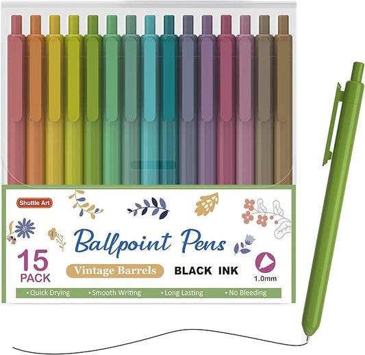 Shuttle Art Ballpoint Pens, 15 Pack Vintage Retractable Black Ink Ball Point Pens, Cute Pens 1.0mm Medium Point Quick Drying for Writing Journaling Taking Notes School Office Home