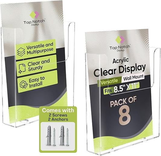 Acrylic Brochure Holder for Wall Mounting, Clear Display for 8.5" x 11" Flyers, Literature Holder for Magazines, Pamphlets, Menus, Includes Screws & Plastic Anchors – Pack of 8