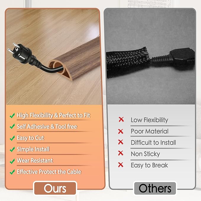 Floor Cord Cover for Wires on Floor Self Adhesive Cord Hider Floor Cable Management Wire Covers for Cords Protector Prevent Cable Trips Cord Cavity W 0.32" x H 0.32", Misty Brown Wood, 20Ft