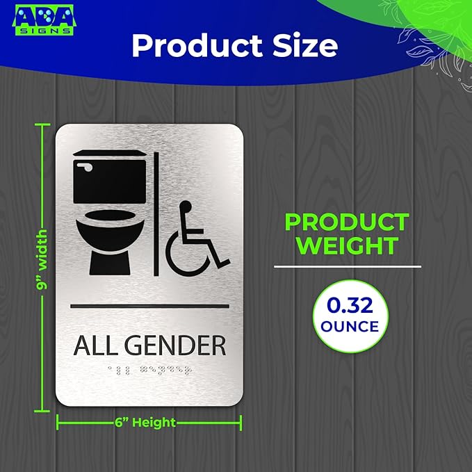 ADASigns All Gender Bathroom Sign with Wheelchair Symbol Sign – 6" x 9" Durable Brushed Aluminum with Braille & Strong Adhesive Tape – Weatherproof ADA Compliant Bathroom Signs for Home & Business