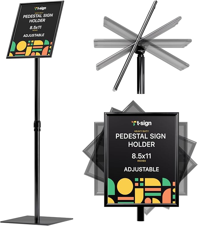 Adjustable Heavy Duty Pedestal Sign Holder - 8.5x11 Inch Vertical & Horizontal Poster Stand with Heavy Square Base for Display, Advertisement & Outdoor Signs
