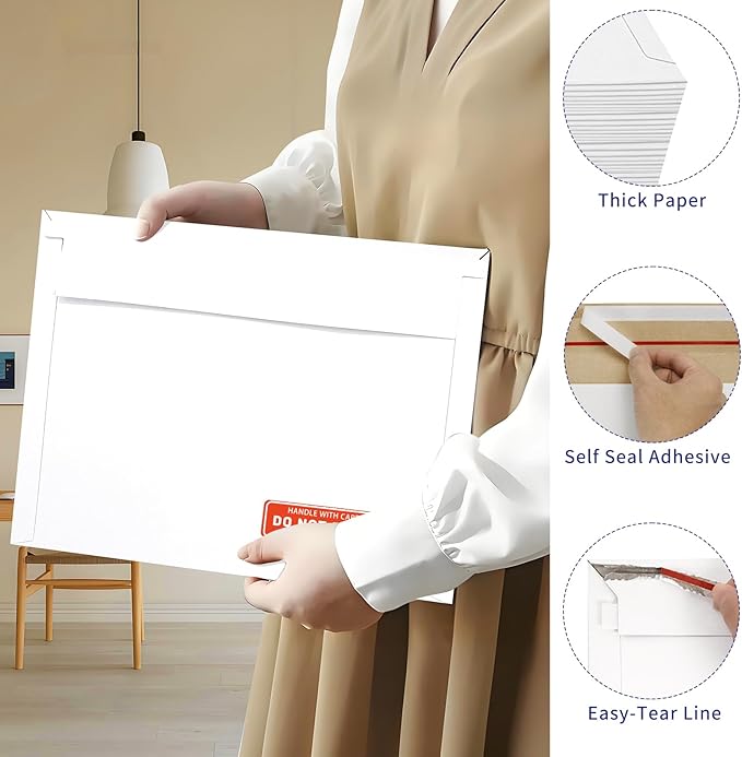 Cheardia 120 Pack Photo Document Mailers with Self Adhesive Seal, 13 x 9.25 Inch Rigid Mailers Stay Flat Cardboard Envelope with Label for CD, Photos, White