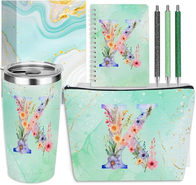 Personalized Gifts Monogrammed Birthday Gifts for Women, Soul Sister Bachelorette Party Wedding Christmas Initial 20 oz Tumbler, Makeup Bag Cup Pens Journal Notebook 6 Set, (Aesthetic Green Flower K)