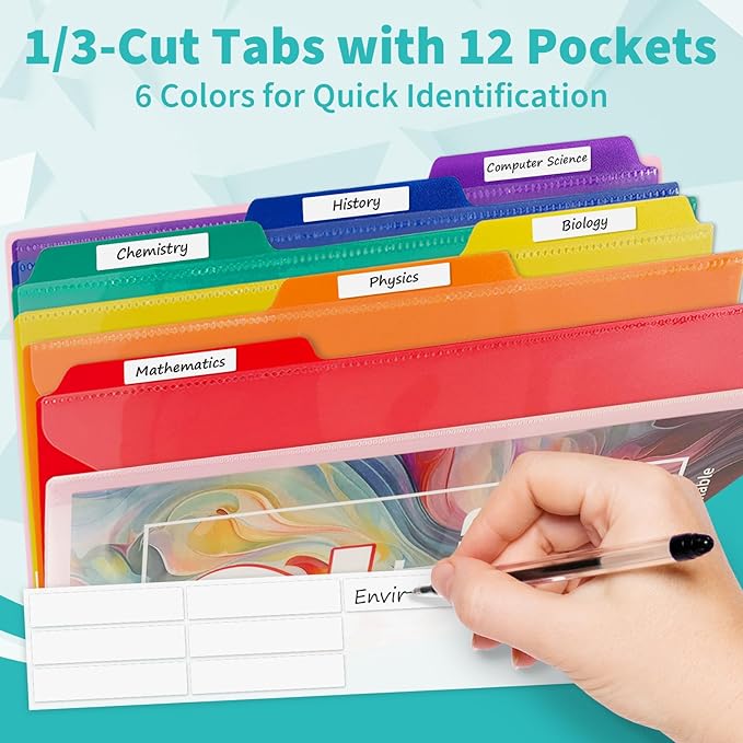 Binditek 12-Pocket Poly Project Organizer, Heavy-Duty Poly Cover, Clear Front Pocket, 6-Color Dividers with 1/3-Cut Tabs, Fixed Zipper Pouch, Letter-Size, Pink