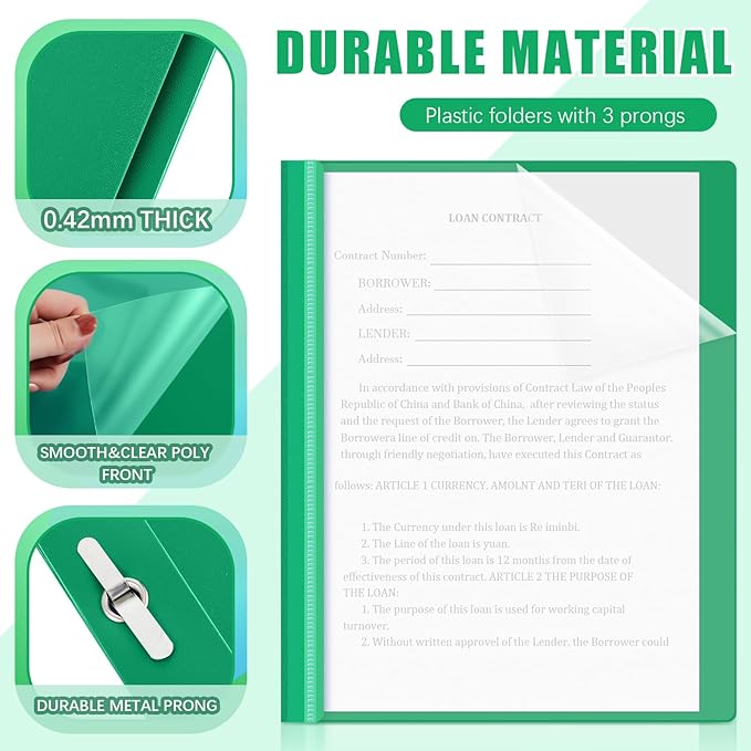 Teling 100 Pcs Plastic Report Covers with 3 Prong Fasteners 11.42 x 9.45 Inch Clear Front Report Covers Bulk Presentation Folders for School Document(Green)