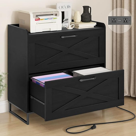 Lateral File Cabinet with Charging Station, 2 Drawer File Cabinet for Letter/Legal/A4 Size Hanging Files, Large Wood File Storage Cabinets Printer Stand for Home Office, Black