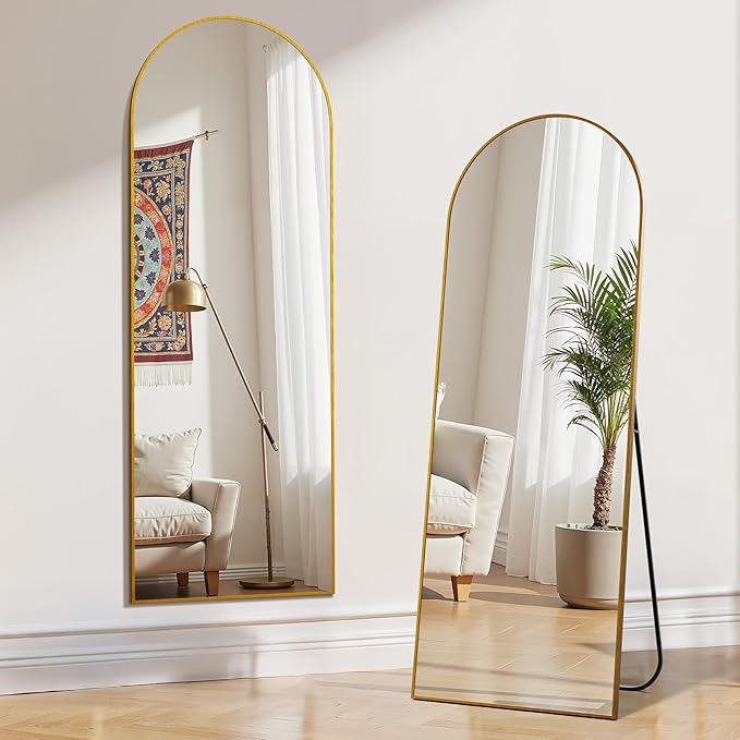 Simple Deluxe Arched Mirror Full Length, 59"x16", Body Wall Mirror with Shatter-Proof Glass, Gold Aluminum Frame, Floor-Standing, Wall-Mounted, Leaning