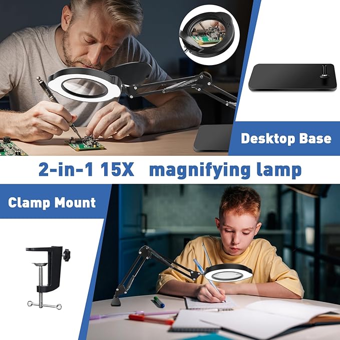 15X Desk Magnifying Glass with Light and Stand,Real Glass EyeCare LED Lighted Magnifier,5 Color Modes Stepless Dimmable,Hands Free 2-in-1 Desk Lamp for Craft Reading Painting Hobby Close Work
