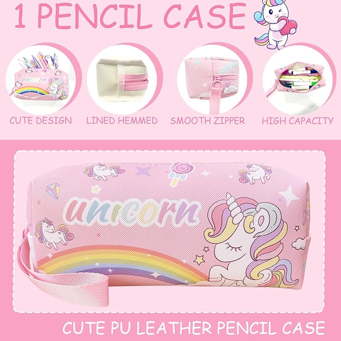 Unicorn cute School Supplies Kawaii Stationery Present Set , Including Ballpoint Pens, Pencil Case, ID Badge Holder, Stickers, Key Chain, A5 Notebook, Bookmark, Eraser, Ruler for Girls Teens