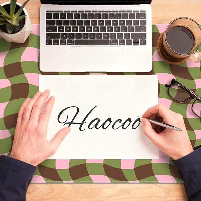 HAOCOO Checkered Desk Mat, Cute Leather Mouse Pad, 35.4" x 15.7" Keyboard Pad Office Accessories, Non-Slip Desktop Mat, Laptop Pad with Stitched Edge Desk Cover Mat(Green)