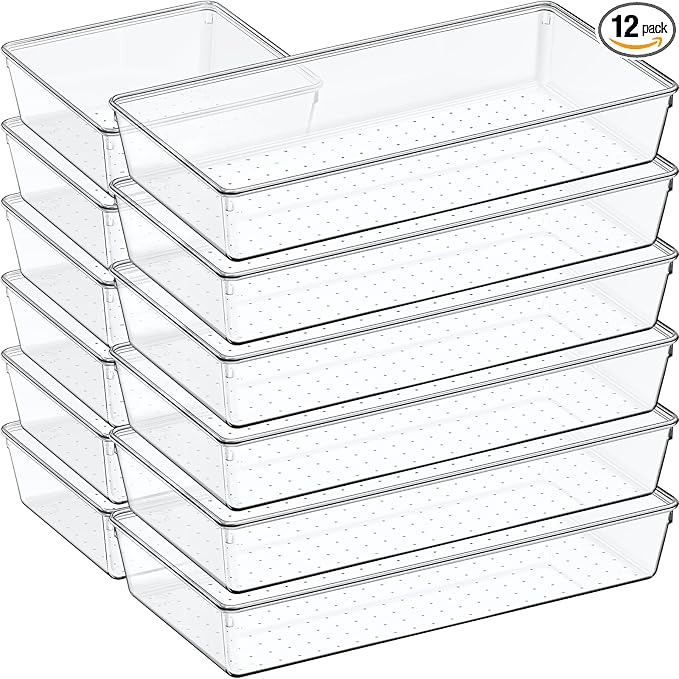 12 Pack Large Clear Plastic Drawer Organizer Set, Acrylic Bathroom Organizer Vanity Trays Dividers, Kitchen Organizers and Storage, Non-Slip Storage Bins for Makeup, Snacks, Office, Desk, Fridge