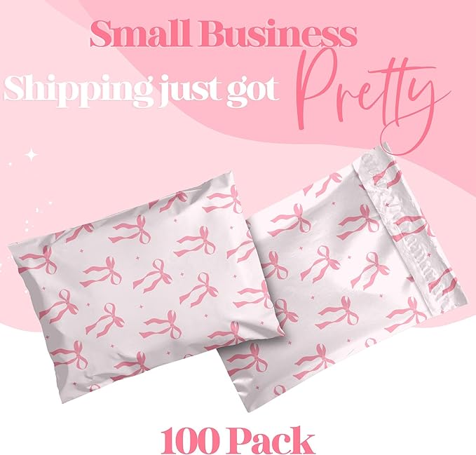 14.5x19 Designer Poly Mailer 100 Pack Heavy Duty Waterproof Self Seal Shipping Bags for Small Business Large Mailing Envelopes Bulk Tear Resistant Packaging Pink Bows Coquette