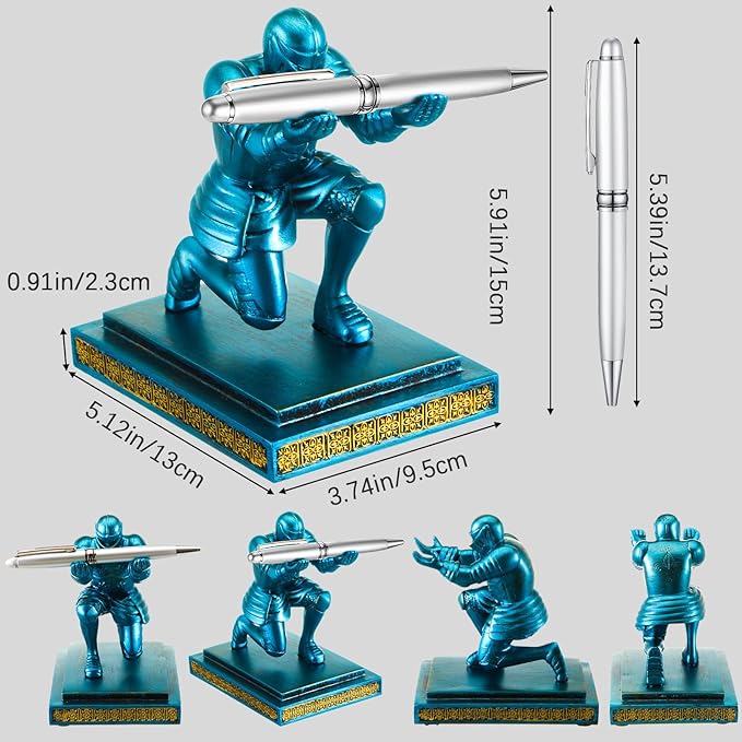Spakon Knight Pen Holder with 2 Pens Resin Desk Organizers and Accessories Funny Executive Pen Stand Fancy Cool Office Gadgets Cool Desk Decorations for Men Home Supplies(Classic,Blue)