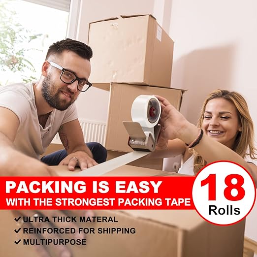Packing Tape (18 Rolls),2.7mil, Heavy Duty Packaging Tape for Shipping Moving Sealing, 1.88 Inch x 60 yd Per Roll, Total 1080 Yards (18)