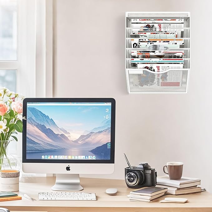 6 Tier Wall File Organizer Hanging Vertical File Organizer, Wall Mounted Mail Paper Document Folder Holder, Mesh Magazine Rack Mail Document Organizer for Office School Home