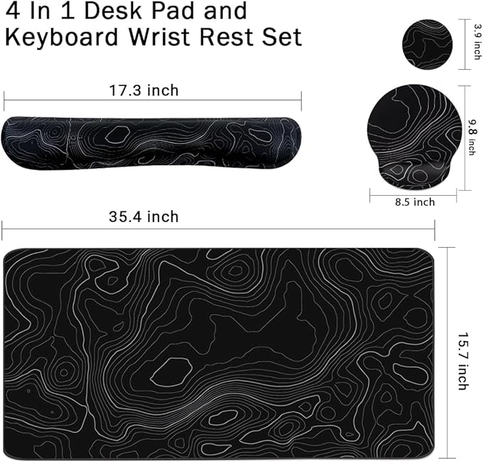 4-in-1 Gaming Mouse Pad Wrist Support Set，Desk Pad + Mouse Pad with Wrist Rest + Keyboard Wrist Rest + Coaster, Ergonomic Design for Home Office Study Game - Topographic Contour
