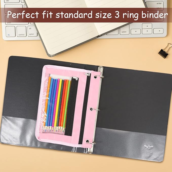 YoeeJob 1 Pack Pencil Pouch for 3 Ring Binder, Expandable Binder Pouches with Zipper, Large Capacity Pen Holder Case with Clear Window School Class Office Organizers, Pink