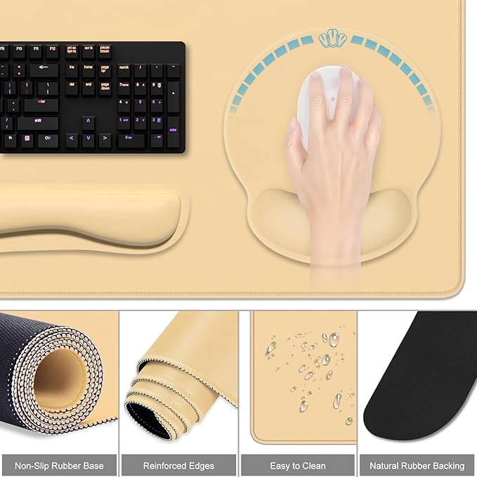 Dapesuom Large Gaming Mouse Pad, Mouse Pads with Wrist Rest Wrist Support, 4in1 XXL Desk Mat Desk Pad + Ergonomic MousePad + Memory Foam Keyboard Mat Wrist Rest + Coaster Set for Computer,Navajo White