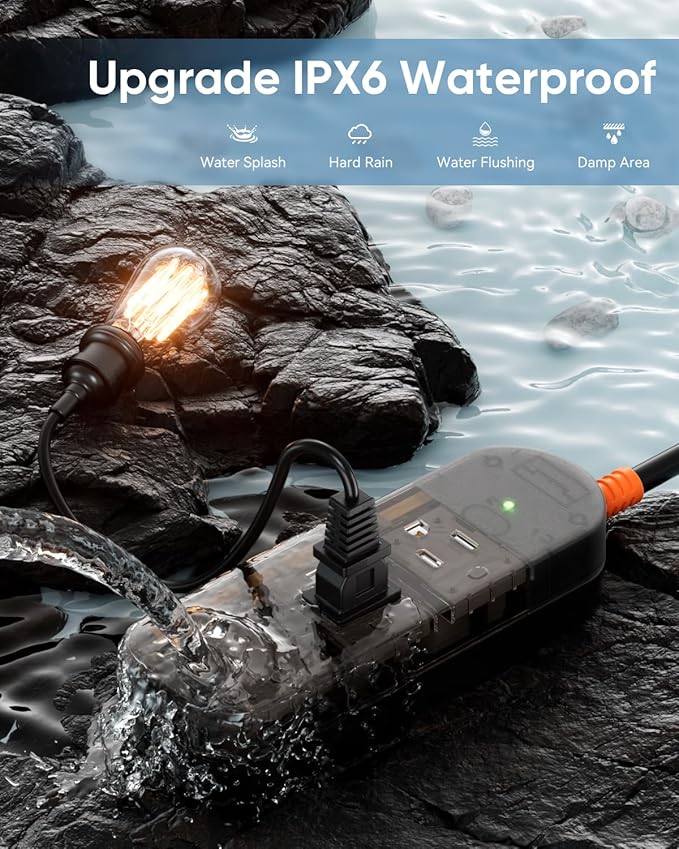 IPX6 Outdoor Power Strip Weatherproof, Surge Protector with 6FT Extension Cord 3 Outlets, Waterproof Power Strip 1875W Overload Protection for Kitchen Patio Christmas Lights, Clear Black