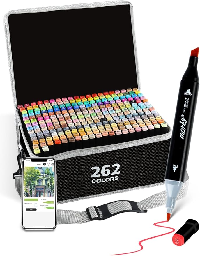 262 Colors Alcohol Markers with Free App, Chisel & Fine Tip Alcohol-Based Marker Set for Adults Kids, Dual Tip Artist Markers for Drawing, Coloring Illustration, Painting and Great Gift Idea