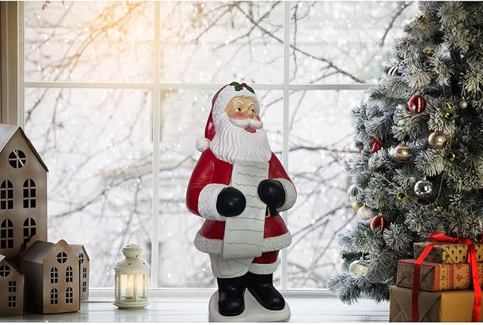 Fraser Hill Farm Traditional Santa Statue Holding List, 36 Inches Tall | Resin Santa Claus Figure Perfect Indoor/Outdoor Decoration for Porches, Living Rooms, and Dens | FFRS036-0SC-RD, Red, White