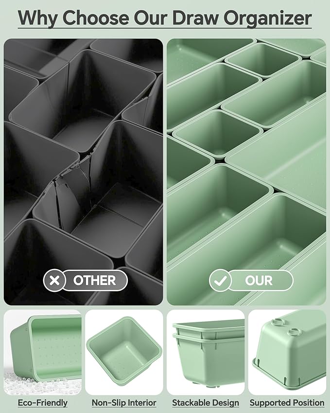 25 PCS Plastic Drawer Organizers Set, 4 Sizes Vanity Organizer, Makeup and Desk Drawer Organizer Trays, Organization and Storage for Makeup, Bathroom, Kitchen Utensils and Office (Green)