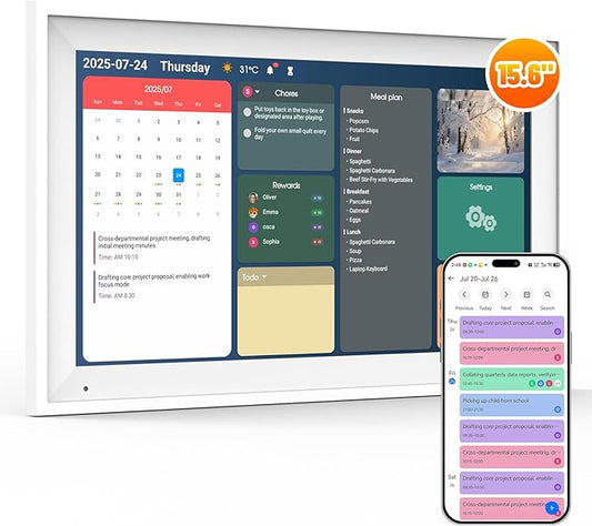 Digital Calendar 15.6" Smart Calendar&Chore Chart, 1920*1080 Interactive Touchscreen Electronic Calendar for Family Schedules, 64GB Wifi Meal Planner, Wall&Desk Mountable, 2025 Calendar-White