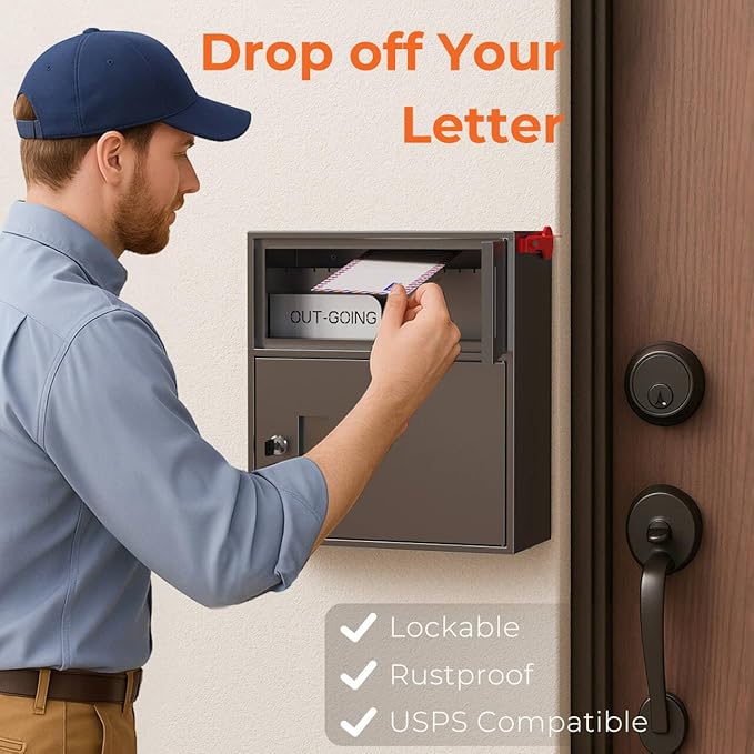 WeHere Wall-Mount Mailbox with Outgoing Flag, Large Secure Mail Box fot Outside, Galvanized Steel Rust-Proof Anti-thef Weatherproof Mailboxes for Office, Commercial, House Porch Front Door, Fence