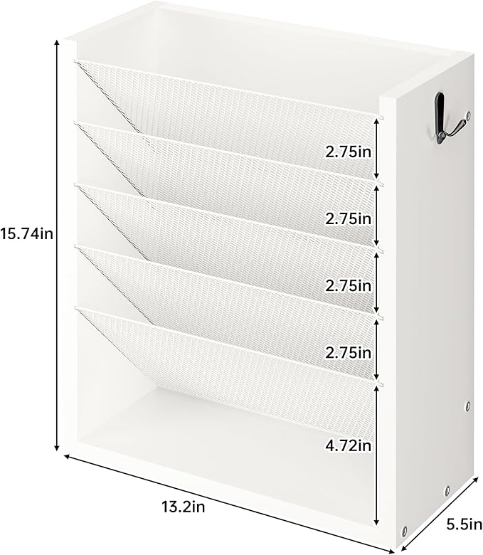 Hanging Wall File Organizer, 6 Tier Wood Wall File Holder with 2 Hooks, Mail Organizer Wall Mounted with Bottom Flat Tray, Vertical Paper Desk Storage for Office, Home, White