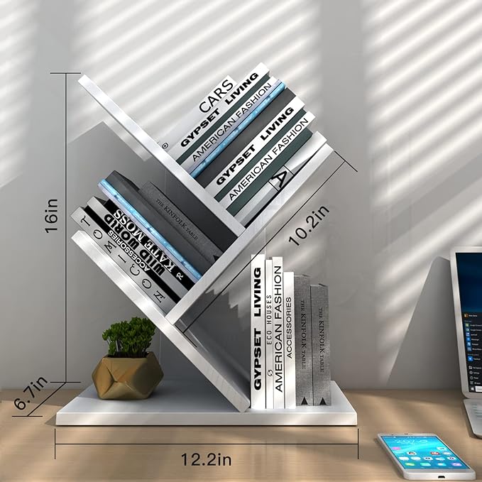 Godferyxin Tree Bookshelf, 3-Tier Wood Mini Bookshelf and Small Bookcase for Office, Home or School Desk Book Shelf for for Displaying Books, CDs, Magazines Wood Storage Rack-Whit