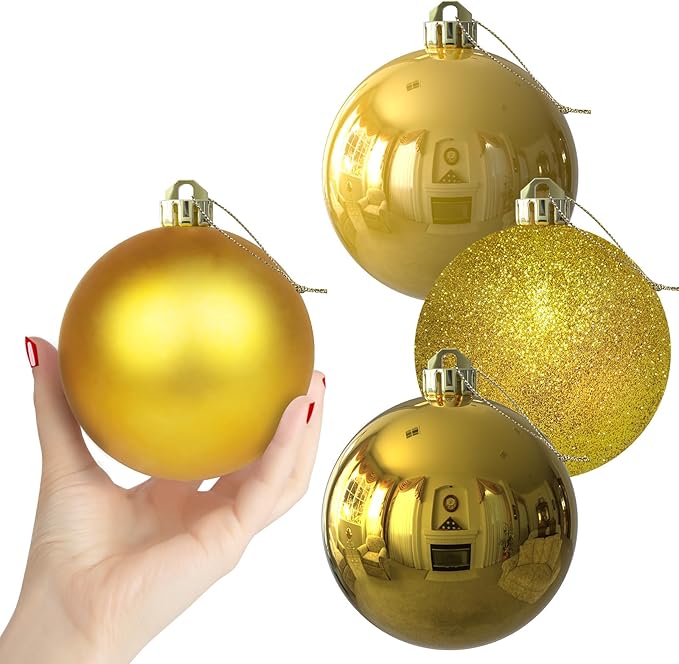 Gold 4.0" Large Christmas Balls - Christmas Tree Decoration Ornaments Shatterproof Hanging Balls for Birthday Halloween Holiday Wedding Decorations Set of 4pcs
