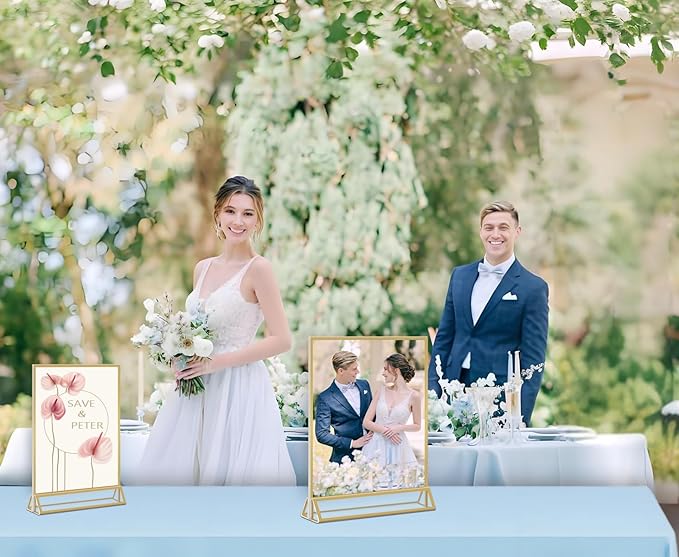 Acrylic Sign Holder 4x6 - 8 Pack Gold Picture Frame Double-Sided Table Sign Holder Vertical Display Stand Plastic Paper Holder -Vendor Booth Display Items Suitable for Wedding Office Store Party