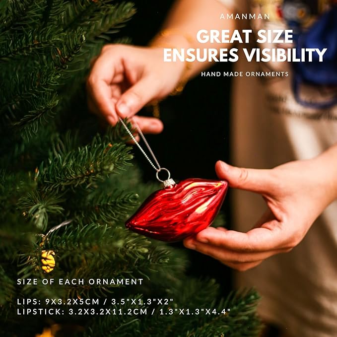 Set of 2 Funny Lipstick & Lips Blown Glass Ornaments - Glitter Gold & Red for Women