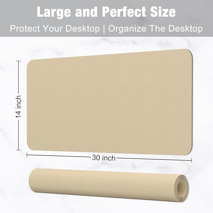 Hsurbtra Desk Pad, 30" x 14" PU Leather Desk Mat, XL Extended Mouse Pad, Waterproof Desktop Blotter Protector, Non-Slip Ultra Thin Large Laptop Keyboard Writing Mat for Office Home, Beige