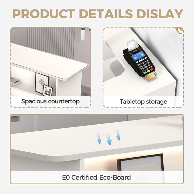 Modern Reception Desk with LED Lights - 47" Front Desk Reception Counter with Dual Display Shelves & Hidden Cable Management, Lockable Drawer & Storage Cabinet for Office, Salon, Spa, Retail, Right