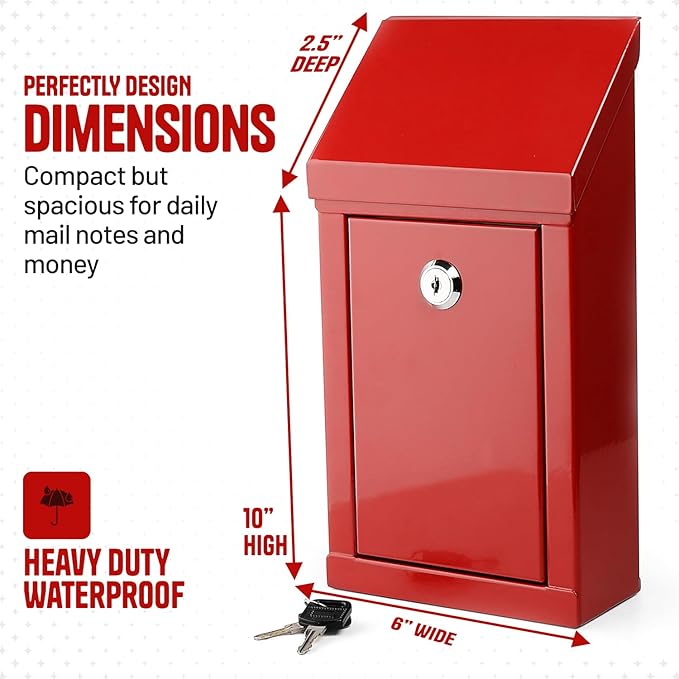 Metal Donation Box-Suggestion Box with Slot and lock-Cash Lock box for Money-Drop Box-outdoor waterproof mailbox and ballot box-comes with pre-drilled holes for easy wall mounting 10 X 6 X 2.5"(Red)