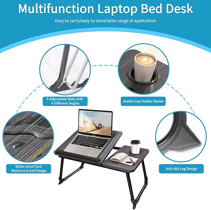 CloudTrip Laptop Desk for Bed or Couch, Lap Desk, Woking in Bed Desk, Home Office Desks, Breakfast Tray, Desk with Cup Holder, Watching Movies in Bed, Laptop Stand for Bed, Fordable Legs Desk (White)