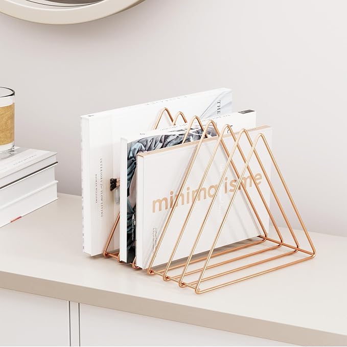 Urban Deco Triangle Desk Organizers Metal Wire Magazine Holder 7 Sections Decorative Vinyl Record Storage Office File Organizer For Desk - Rose Gold Magazine File Holder - 2 Pack
