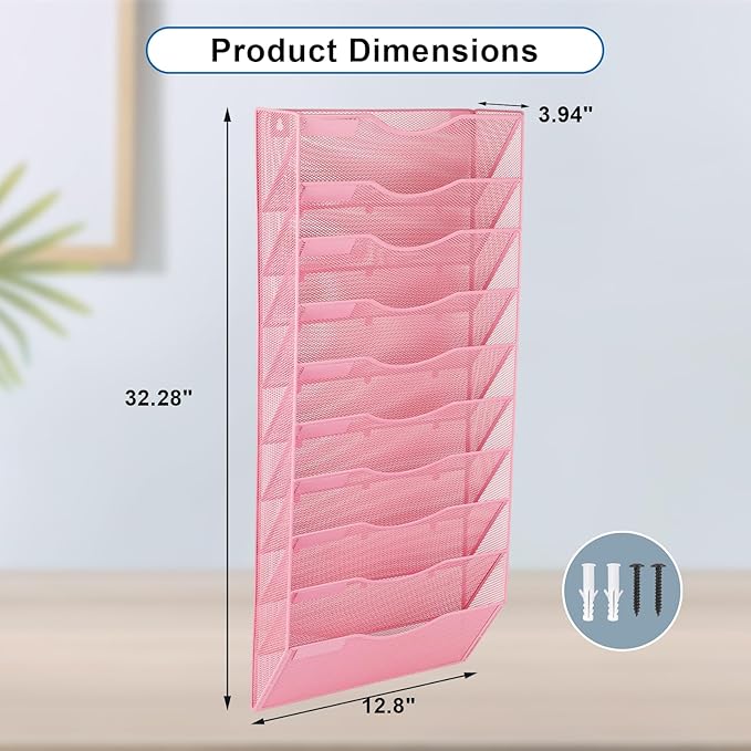 EASEPRES 10 Pocket Mesh Hanging Wall File Organizer, Wall Mounted Mail Paper Document Folder Holder, Clipboard Storage Organization Magazine Rack with Nametag Label for Office Home School, Pink