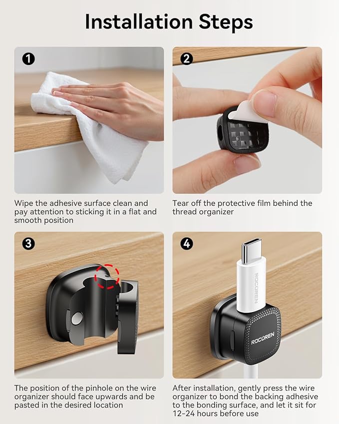 30-Pack Magnetic Cable Clips Cord Organizer,Cable Straps Smooth Adjustable,Rocoren Cable Management Accessories,Cable Holder Clips Wire Holder Keeper for Desktop,Nightstand,Home Office,Workspace,Phone