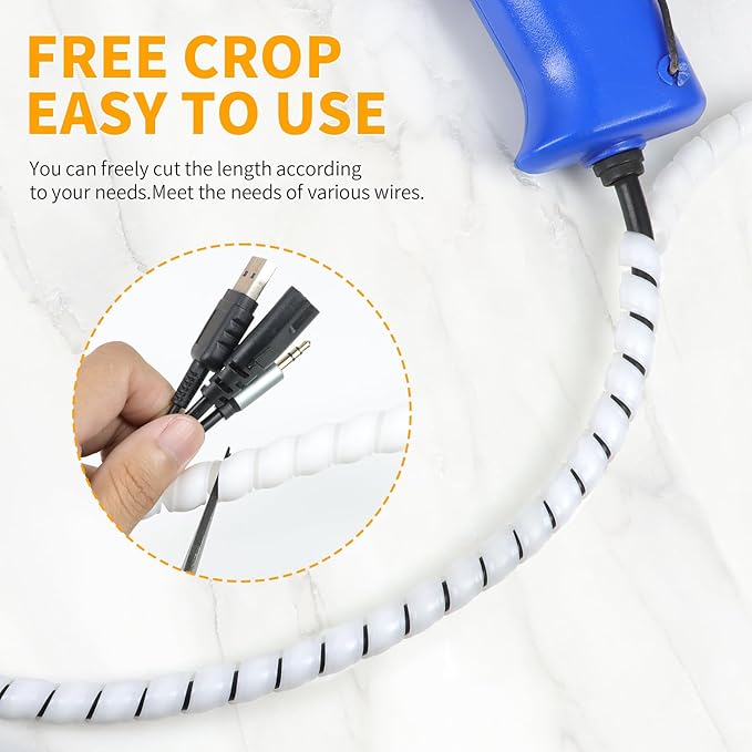 Spiral Wire Wrap, 9.84ft, 16.4ft, 33ft Spiral Cable Wrap Sleeve Hose for Computer, Power, Audio & Video Cords Stop Cord Tangle and Detangler (White, 10mm (3/8")-33ft)