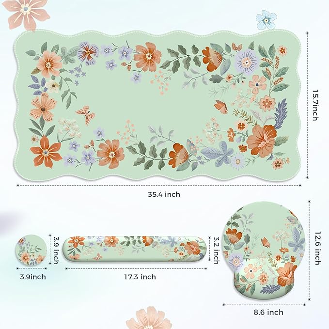 Desk Pad Mat Green, Wrist Rest Support for Mouse Pad&Keyboard Set, Scalloped Vanity mat Protector for Makeup, Cute Floral Nail Mat, Aesthetic Desk Protector for Women's Office Home, Dorm