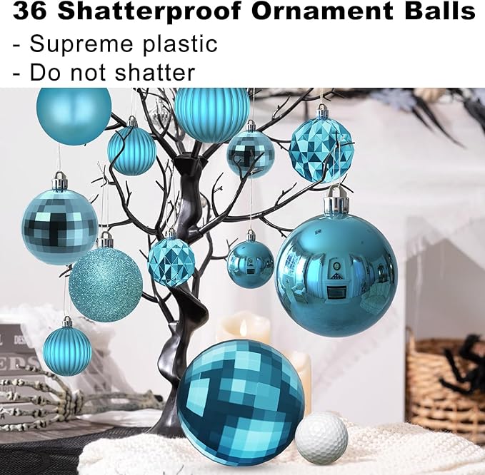 Baby Blue Christmas Ornaments - Christmas Tree Decorations Shatterproof Hanging Balls for Birthday Wedding Holiday Decor Set of 36pcs, Multi-Sizes(1.6",2.5",3.2")