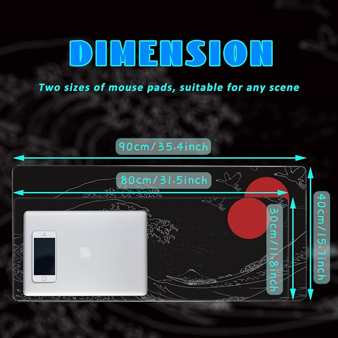 Desk Mat, Black Japanese Style Wave and Red Sun Extended Gaming Mouse Pad Large, 35.4"x15.7" Big Mouse Pad with Non-Slip Base and Stitched Edge, Long Computer Keyboard Mouse Mat for Home Office Work
