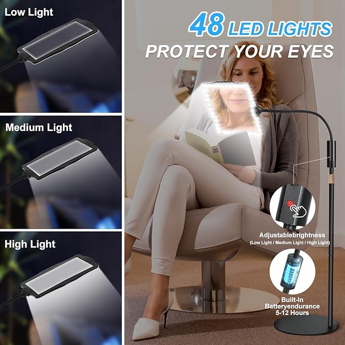 10X Magnifying Glass, with Light and Stand, 3 Light Modes Rechargeable Floor Magnifying,Suitable for Reading, Sewing, Crafts, DIY, Embroidery, Close Work. Magnifiers for Seniors