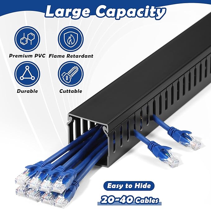 ZhiYo 2x2inCable Raceway, 6.6ft (2xL3.3ft) Server Rack Cable Management Under Desk Cord Organizer, Electrical Safe PVC Cable Channel Open Slot Wire Raceway for Network/PC/TVs, Wire Duct Black