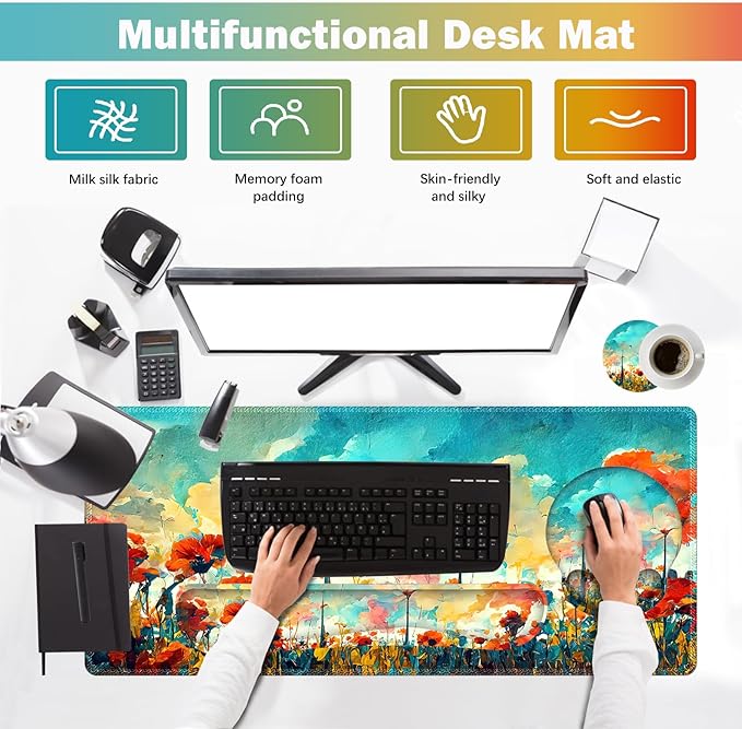 ARTSO Desk Mat, Large Gaming Mouse Pad Wrist Support Set, Ergonomic Keyboard Wrist Rest Desk Pad with Coaster Combo, Extended Mousepad with Non-Slip for Home Office, Oil Painting Flowers Plants
