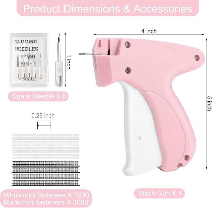 Stitch Gun for Clothes Quick Clothing Fixer & Tagging Gun with 6 Needles & 1000 Black+1000 White Fasteners, Handheld Sewing Tool for Instant Repairs, Quilting, Retail Price Tags No Thread Needed Pink