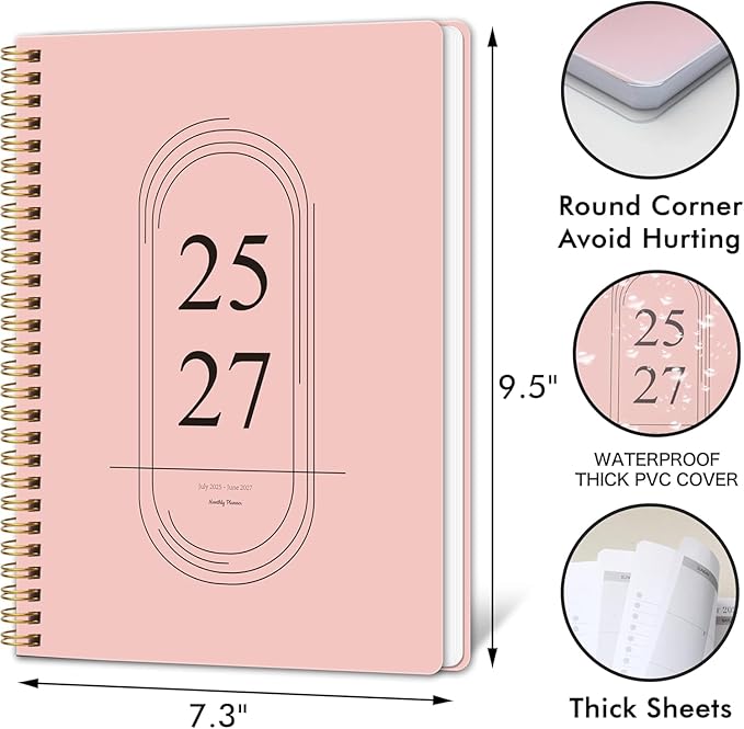 Monthly Planner 2025-2027, Simplified Monthly Calendar Planner, 24 Months Calendar, July 2025 - June 2027, 7.3" * 9.5", Waterproof Cover with Spiral Bound, for Office, School - Pink