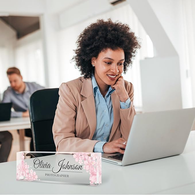 Custom Name Plate for Desk, Personalized Acrylic Office Name Sign with Name & Title, Elegant Desk Decor for Women Men, Employee Appreciation Gift (Peach Bossom)